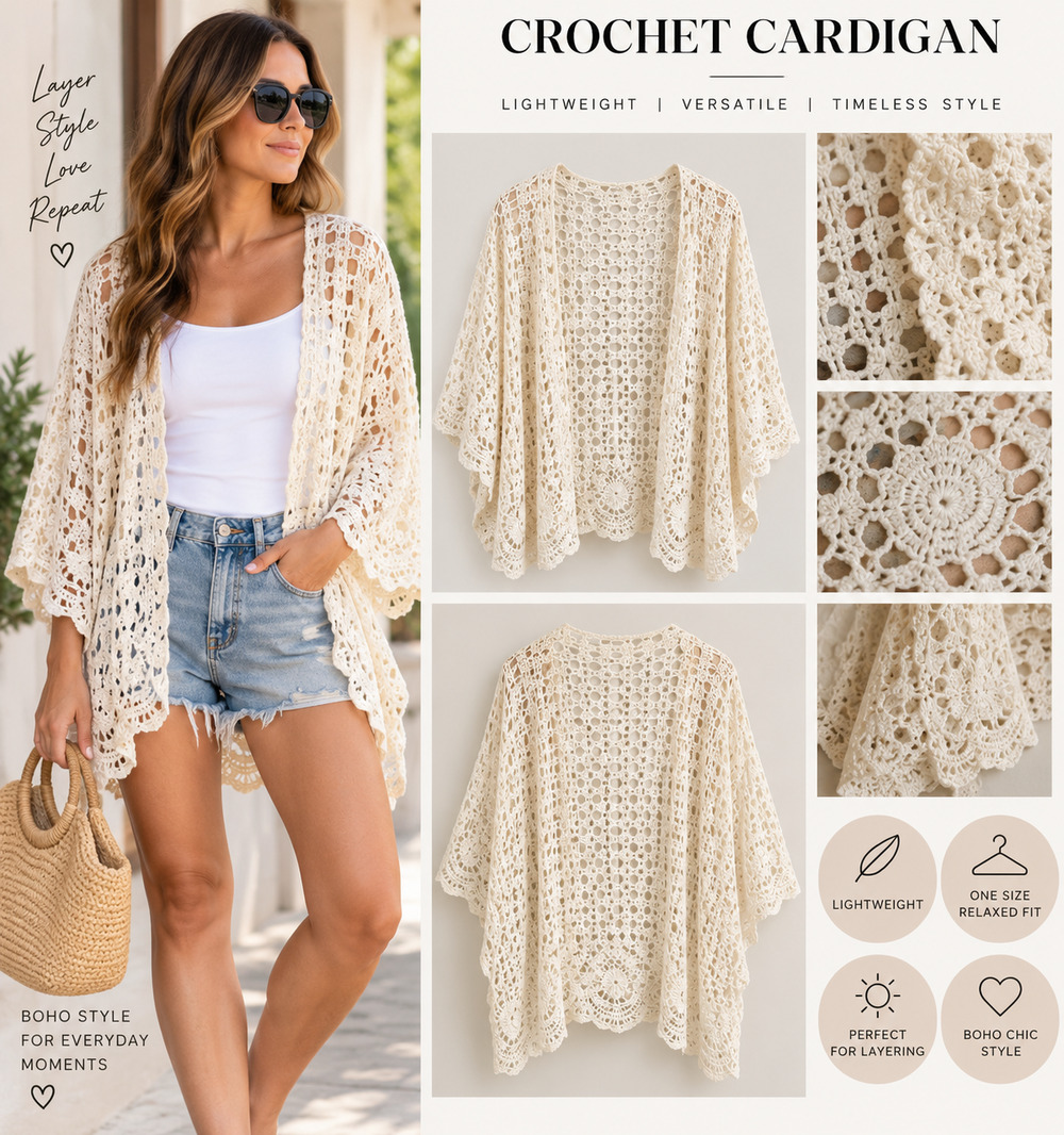Cream Crochet Open Front Boho Cardigan Kimono